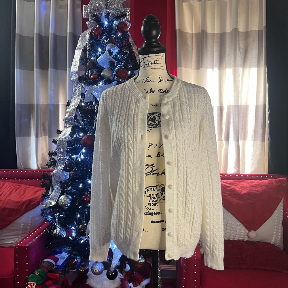 White, Cable Knit Button Front Sweater - image 2